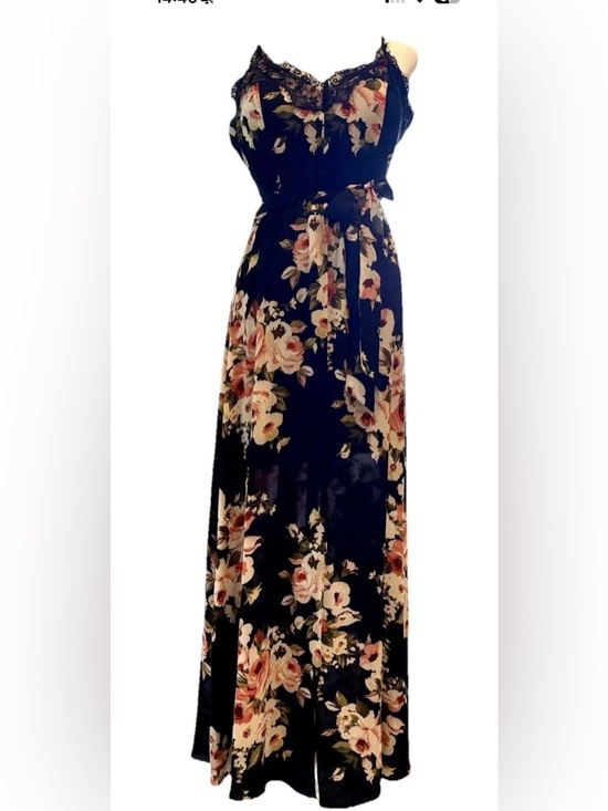 Bisou Bisou Dresses & Skirts - Black Pink Floral Wedding Guest Chiffon Lace Party Summer Spring Maxi Dress 12 L
